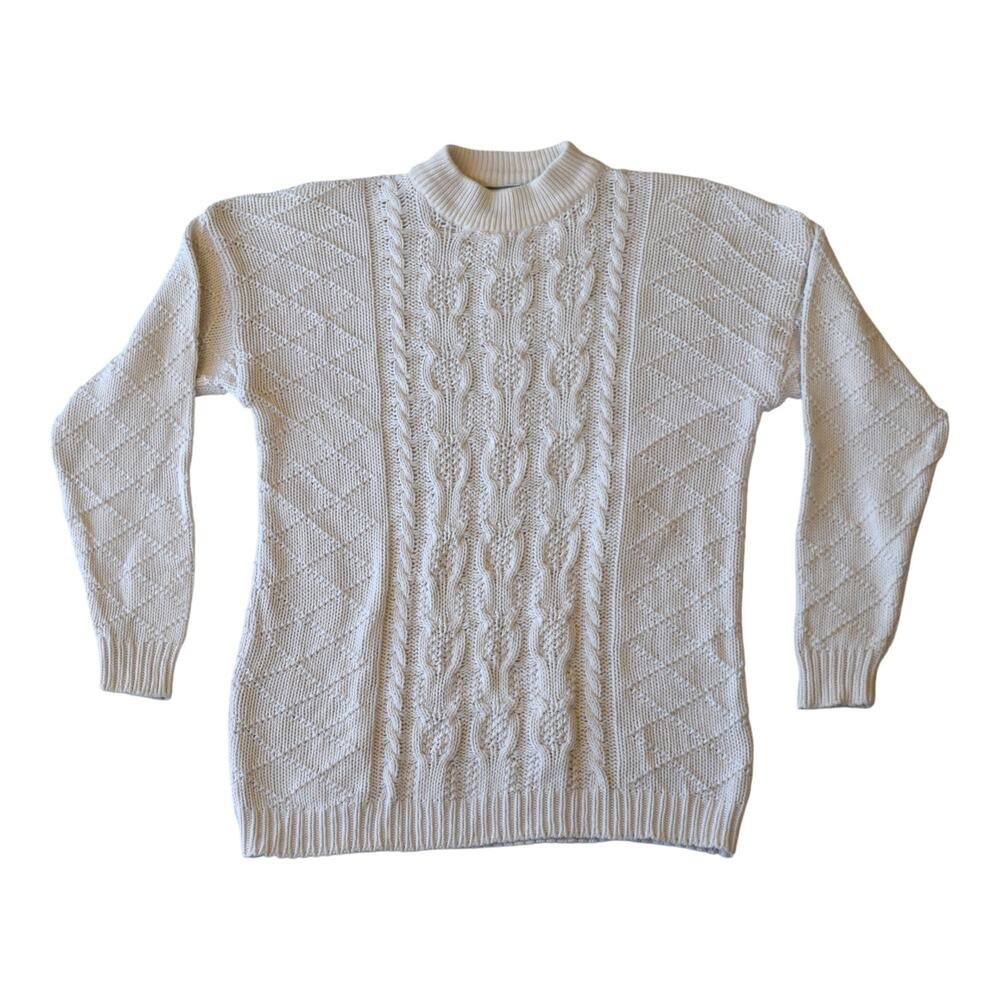 Vintage 90s Cottagecore Cable Knit Cotton Fisherman Sweater - Medium